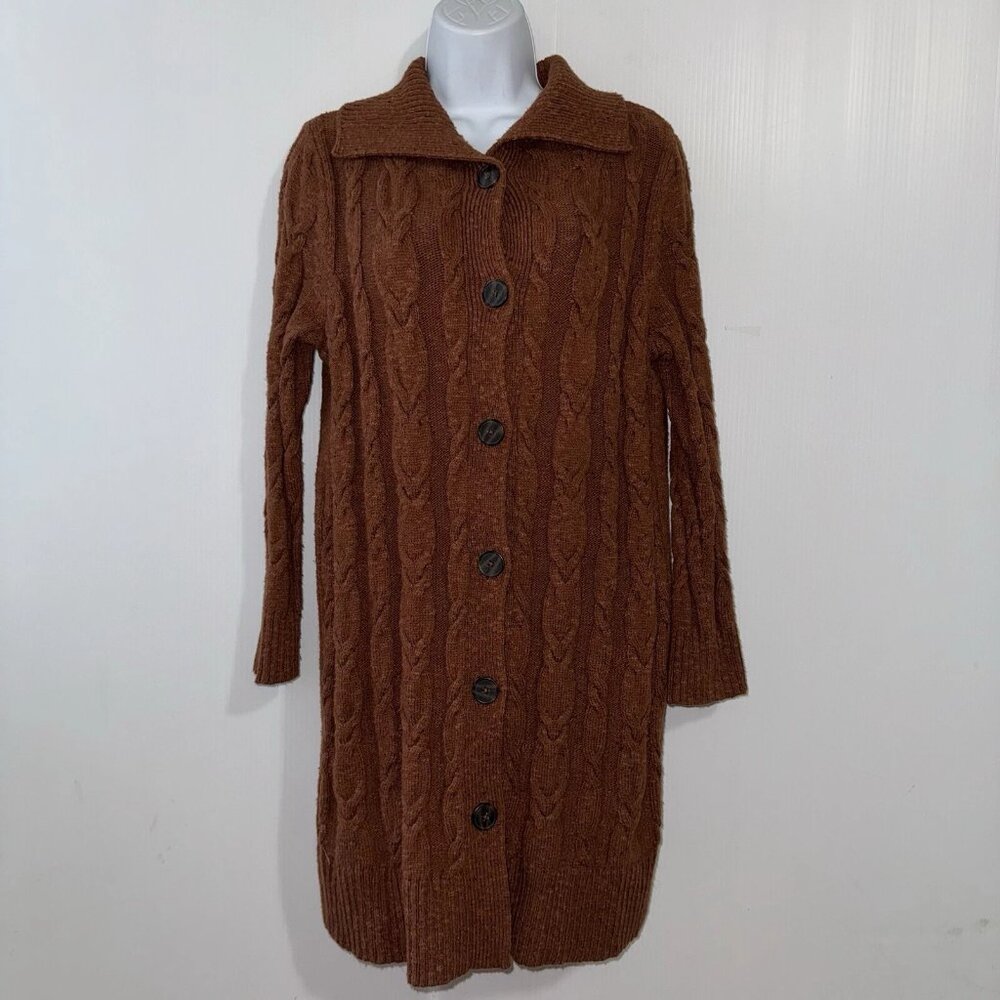 J.Jill Womens Cable-knit Cardigan Button Up Duster Sweater Auburn Sz M